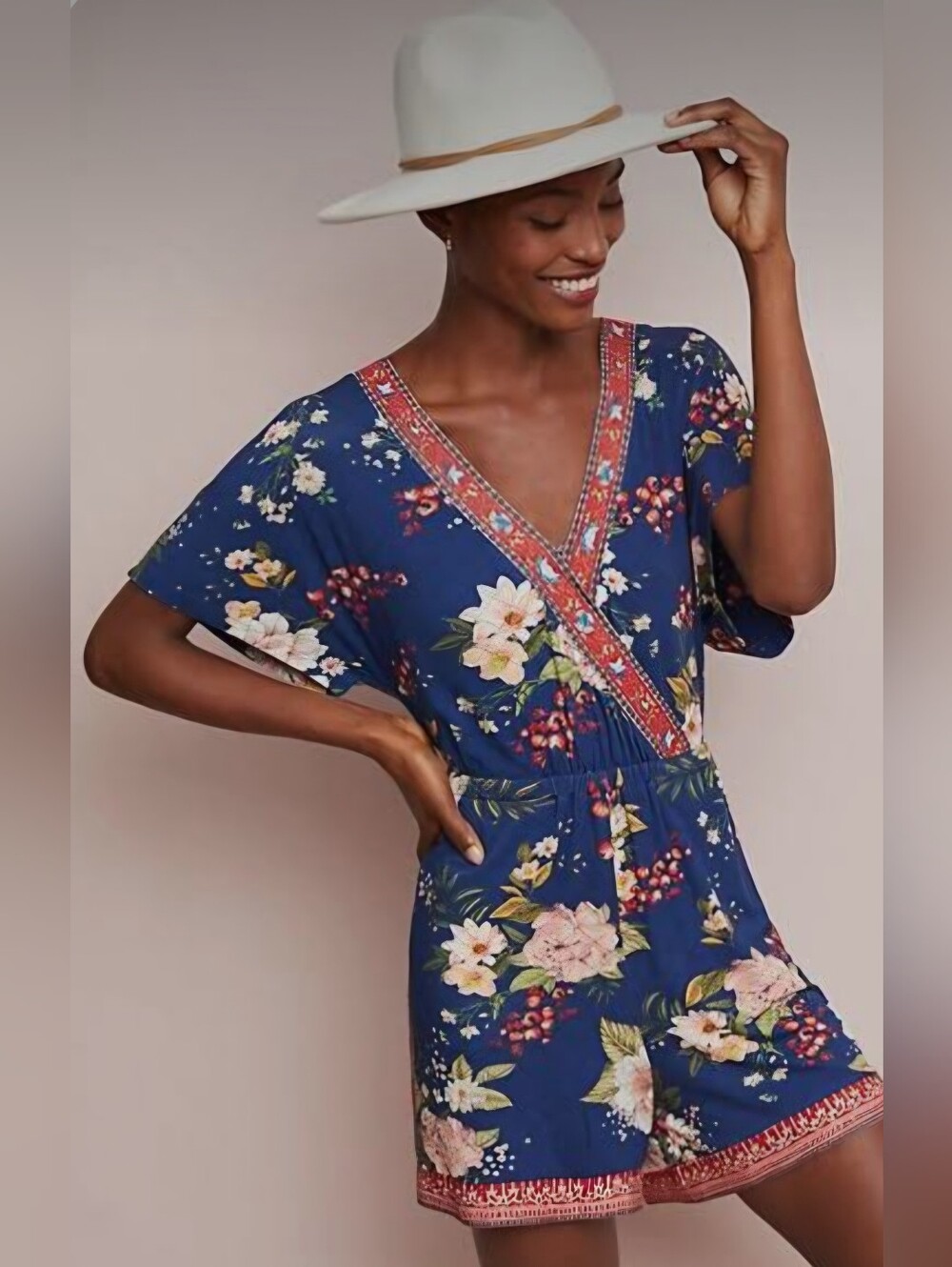 FARM Rio Anthropologie Estella Chic Bohemian  Navy Floral V-Neck Romper, Size S